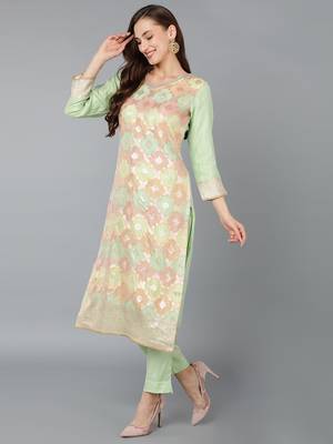 lime green color woven design poly chanderi styles kurta trouser with dupatta 3