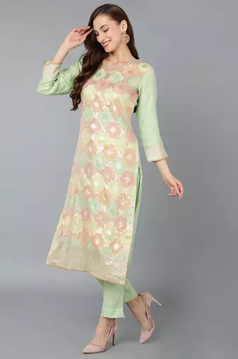 lime green color woven design poly chanderi styles kurta trouser with dupatta