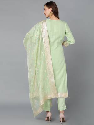 lime green color woven design poly chanderi styles kurta trouser with dupatta 4