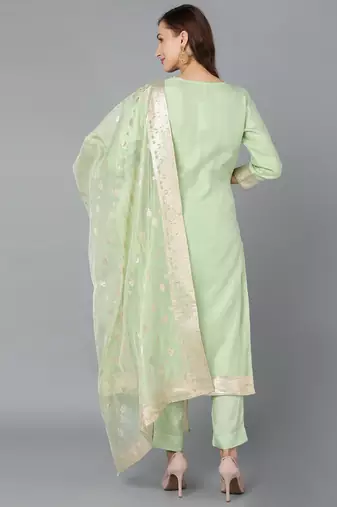lime green color woven design poly chanderi styles kurta trouser with dupatta