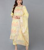 yellow color woven design poly chanderi styles kurta trouser with dupatta