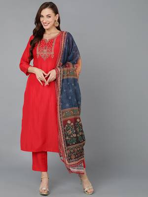 red color embroidered silk blend styles kurta trouser with dupatta 1