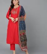 red color embroidered silk blend styles kurta trouser with dupatta