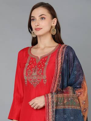 red color embroidered silk blend styles kurta trouser with dupatta 2