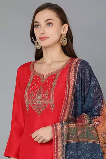 red color embroidered silk blend styles kurta trouser with dupatta
