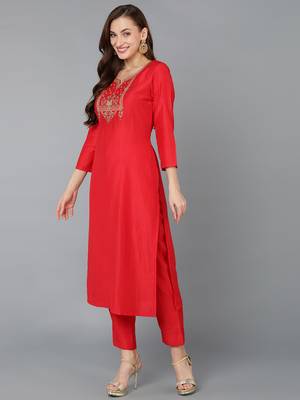 red color embroidered silk blend styles kurta trouser with dupatta 3