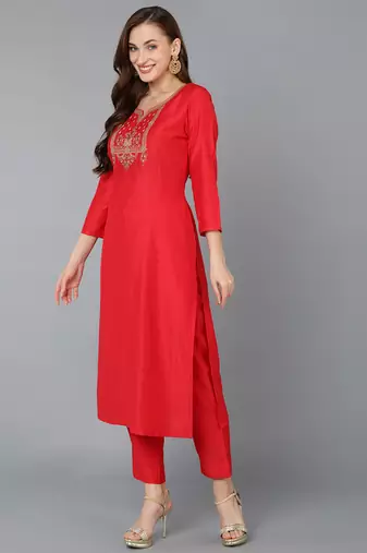 red color embroidered silk blend styles kurta trouser with dupatta