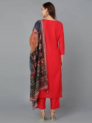 red color embroidered silk blend styles kurta trouser with dupatta 4