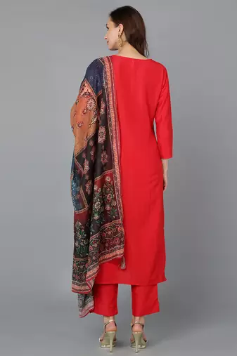 red color embroidered silk blend styles kurta trouser with dupatta