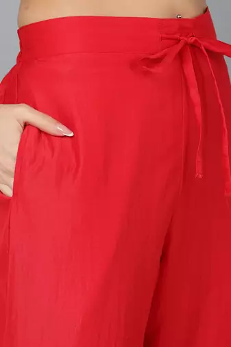 red color embroidered silk blend styles kurta trouser with dupatta