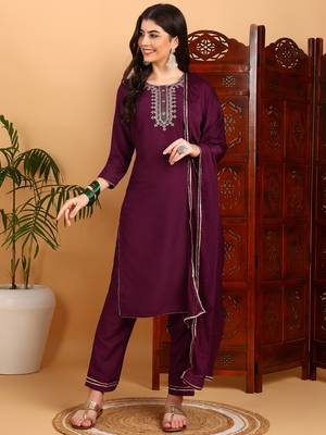 burgundy color embroidered silk blend styles kurta trouser with dupatta 1