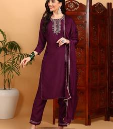 burgundy color embroidered silk blend styles kurta trouser with dupatta
