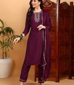 burgundy color embroidered silk blend styles kurta trouser with dupatta