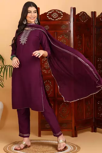 burgundy color embroidered silk blend styles kurta trouser with dupatta