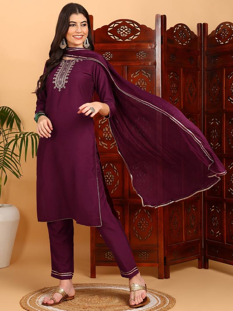 burgundy color embroidered silk blend styles kurta trouser with dupatta
