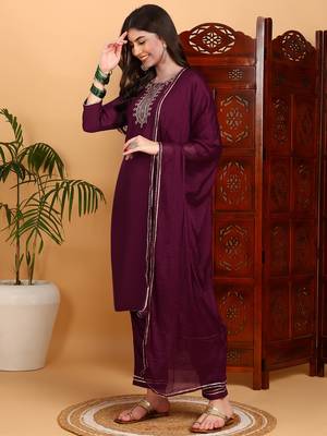 burgundy color embroidered silk blend styles kurta trouser with dupatta 3
