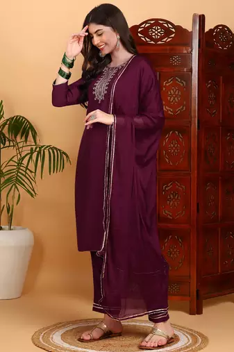 burgundy color embroidered silk blend styles kurta trouser with dupatta
