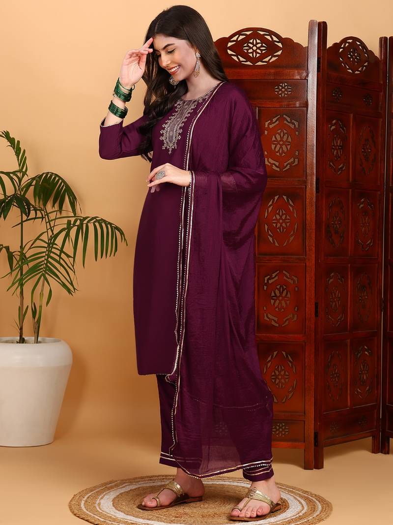 burgundy color embroidered silk blend styles kurta trouser with dupatta