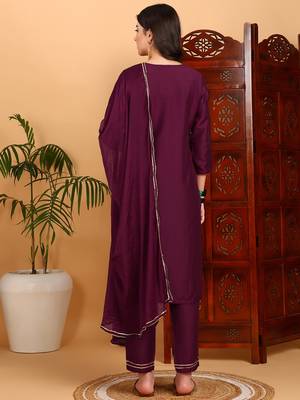 burgundy color embroidered silk blend styles kurta trouser with dupatta 4