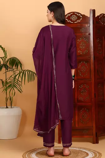 burgundy color embroidered silk blend styles kurta trouser with dupatta