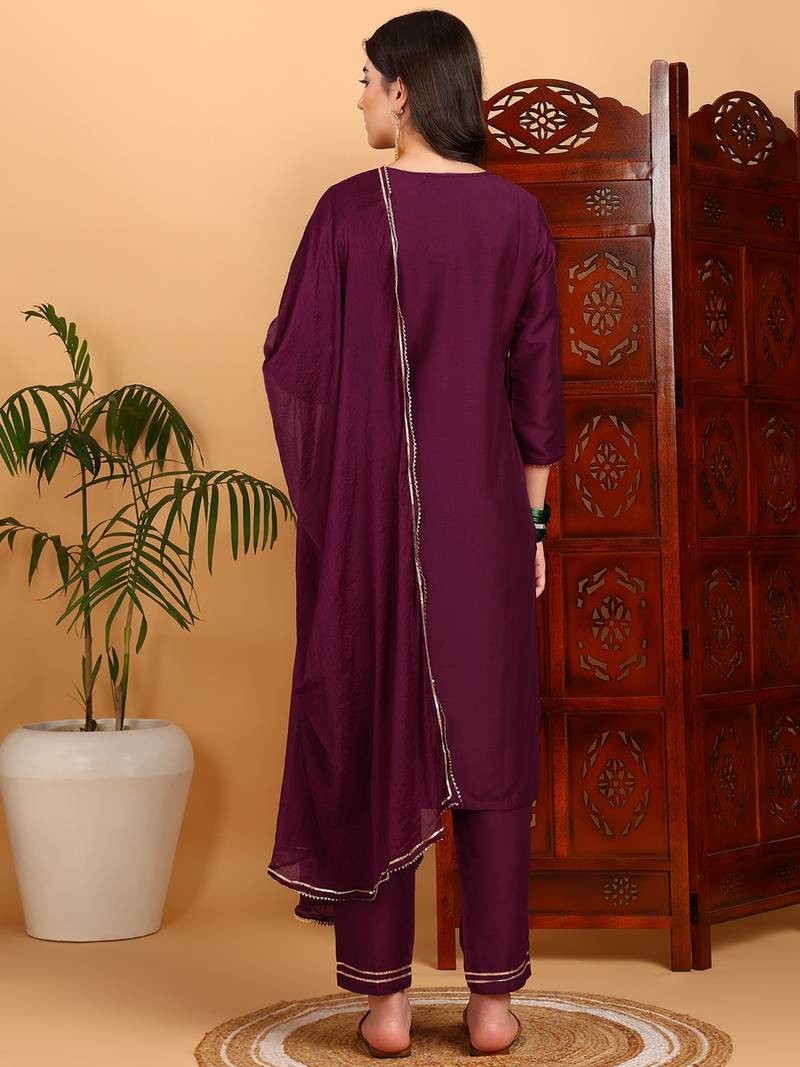 burgundy color embroidered silk blend styles kurta trouser with dupatta