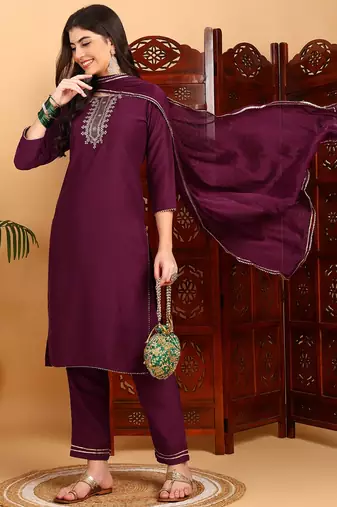 burgundy color embroidered silk blend styles kurta trouser with dupatta