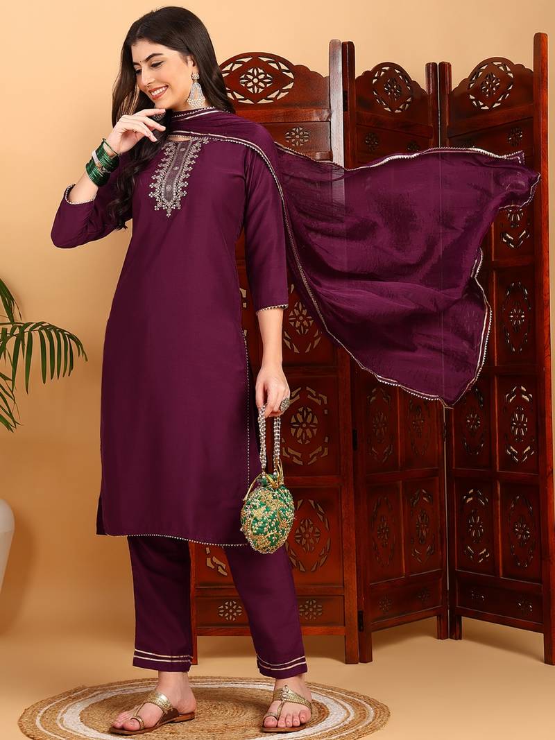 burgundy color embroidered silk blend styles kurta trouser with dupatta