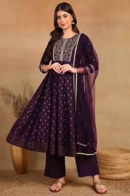 purple color embroidered silk blend styles kurta palazzo with dupatta 1
