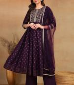 purple color embroidered silk blend styles kurta palazzo with dupatta