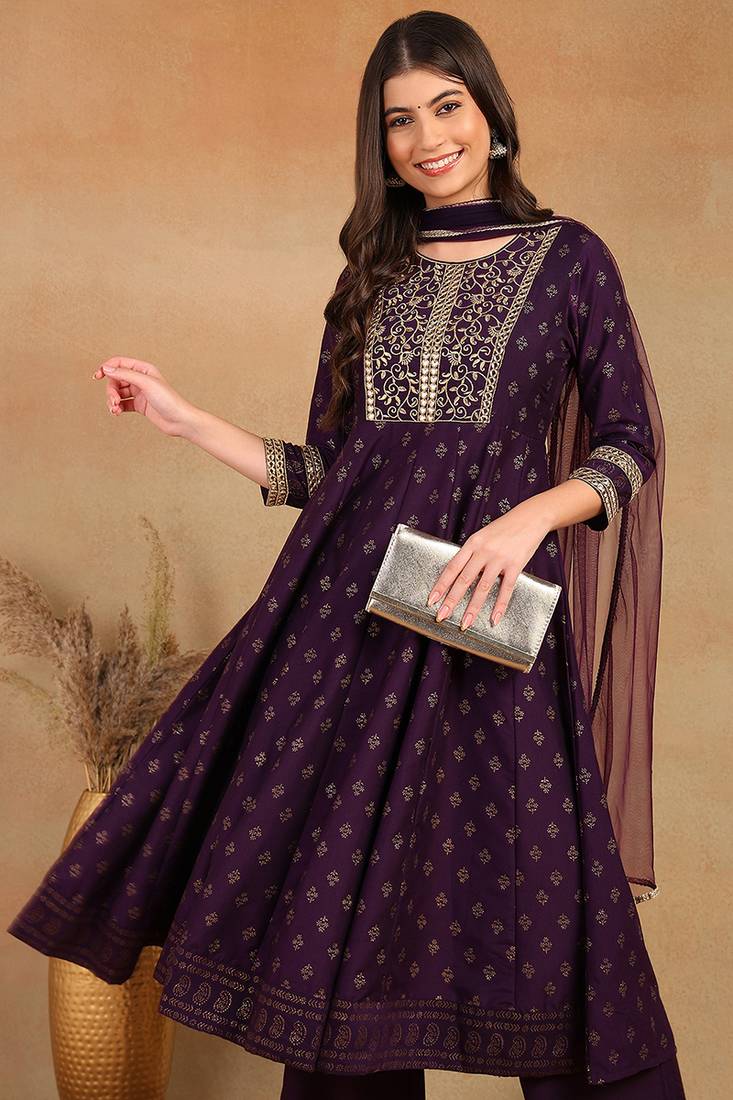 purple color embroidered silk blend styles kurta palazzo with dupatta