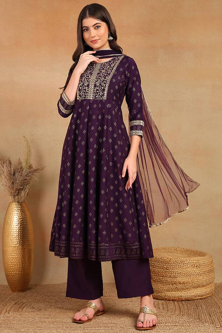 purple color embroidered silk blend styles kurta palazzo with dupatta
