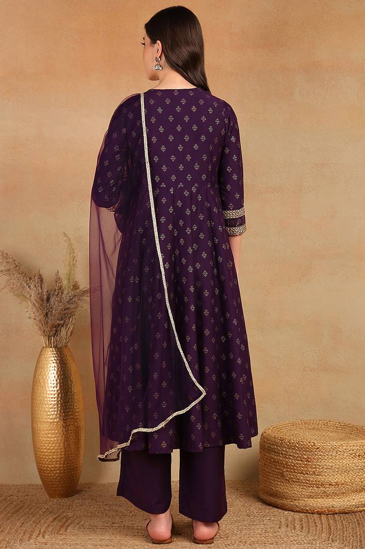 purple color embroidered silk blend styles kurta palazzo with dupatta