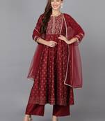 maroon color embroidered silk blend styles kurta palazzo with dupatta