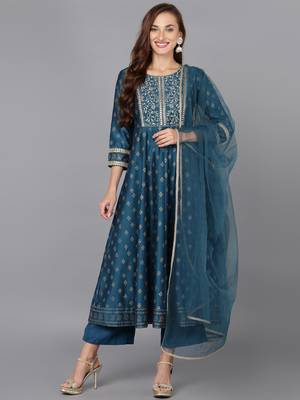 blue color embroidered silk blend styles kurta palazzo with dupatta 1
