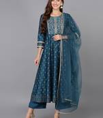 blue color embroidered silk blend styles kurta palazzo with dupatta