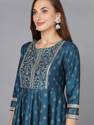blue color embroidered silk blend styles kurta palazzo with dupatta 2