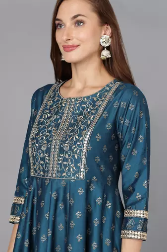 blue color embroidered silk blend styles kurta palazzo with dupatta