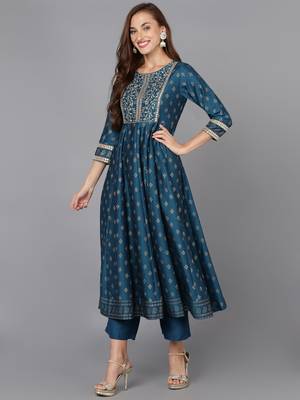 blue color embroidered silk blend styles kurta palazzo with dupatta 3