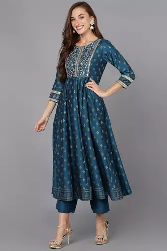 blue color embroidered silk blend styles kurta palazzo with dupatta