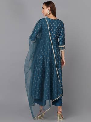 blue color embroidered silk blend styles kurta palazzo with dupatta 4