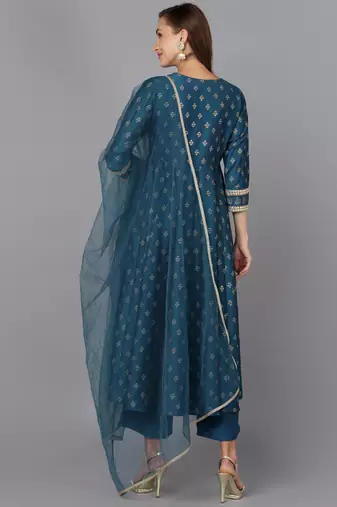 blue color embroidered silk blend styles kurta palazzo with dupatta