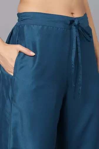 blue color embroidered silk blend styles kurta palazzo with dupatta