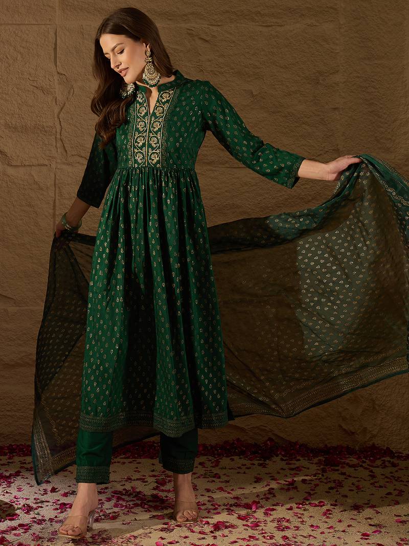 Forest Green Rayon Woven Design Salwar Suit