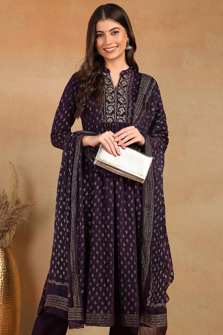 purple color embroidered silk blend styles kurta trouser with dupatta