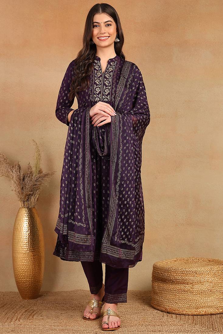 purple color embroidered silk blend styles kurta trouser with dupatta