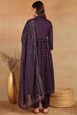 purple color embroidered silk blend styles kurta trouser with dupatta 4