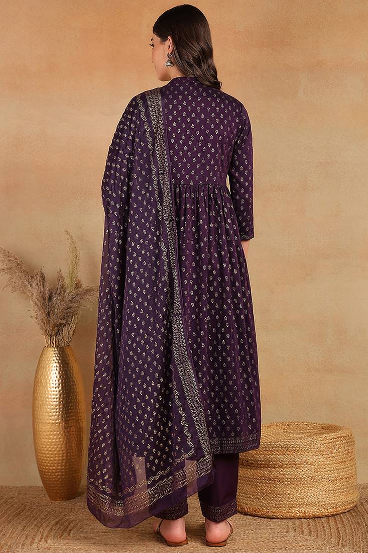 purple color embroidered silk blend styles kurta trouser with dupatta