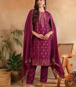 magenta color woven design silk blend styles kurta trouser with dupatta