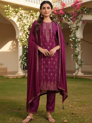 magenta color woven design silk blend styles kurta trouser with dupatta 1
