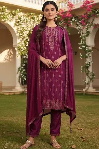 magenta color woven design silk blend styles kurta trouser with dupatta